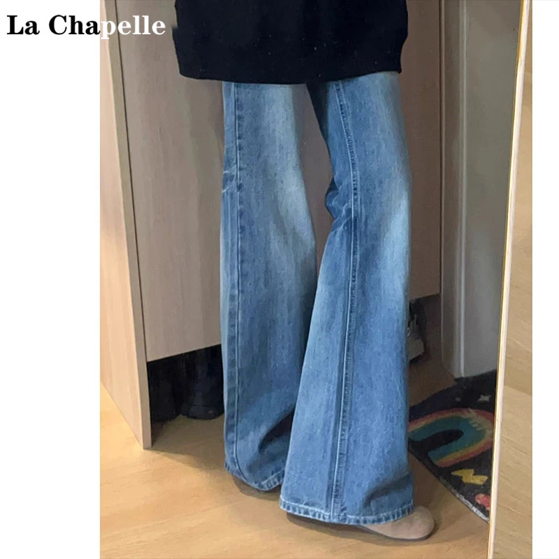 拉夏贝尔复古高腰微喇牛仔裤女2025新款重工艺猫须显瘦水洗喇叭裤