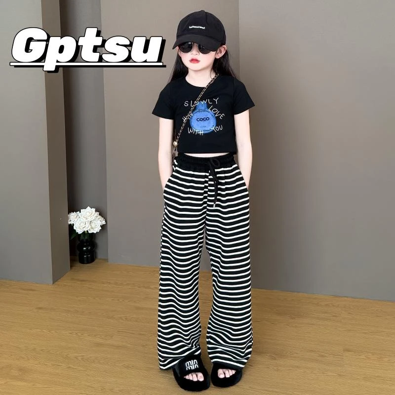 GPTSu女童阔腿裤2025新款洋气儿童条纹薄款长裤子女孩大童装套装