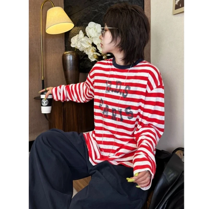 韩系圆领条纹撞色长袖T恤女款2025夏季新款休闲宽松防晒罩衫上衣
