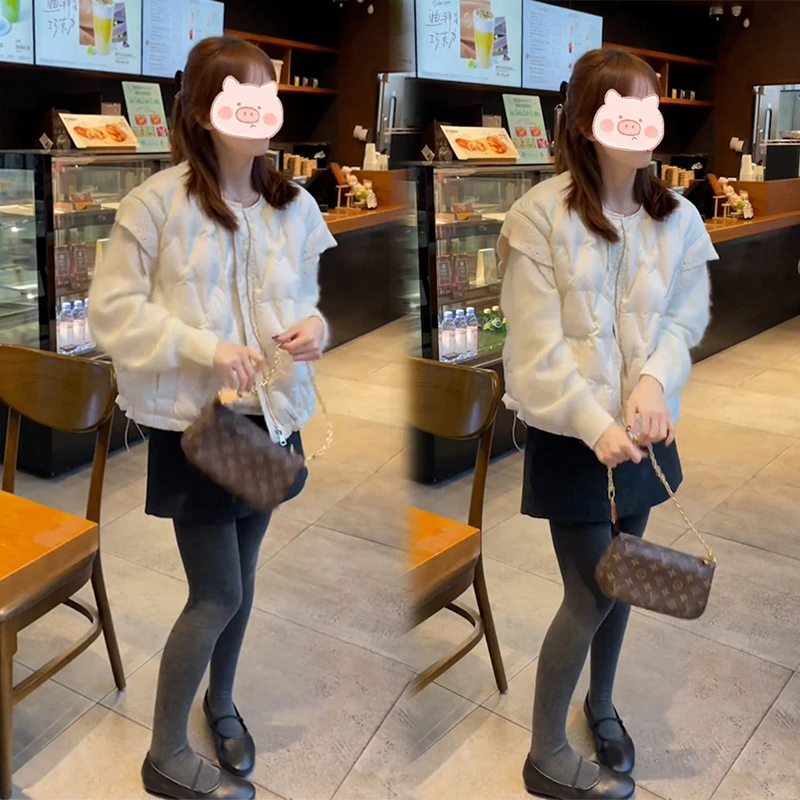 一整套ootd穿搭套装韩系温柔打底衫纯色棉服外套显瘦短裙三件套女