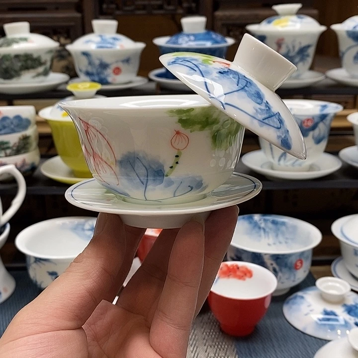 手绘微瑕荷花盖碗