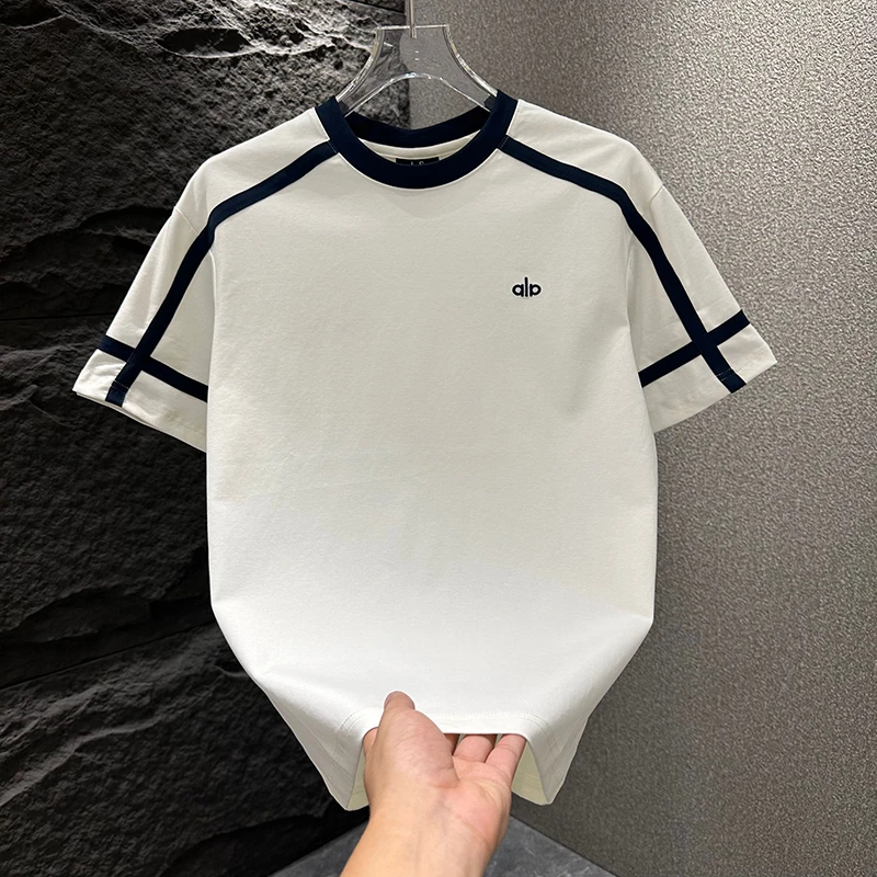 新款美式帅气条纹拼接短袖青年休闲时尚半袖字母绣标高级感男T恤