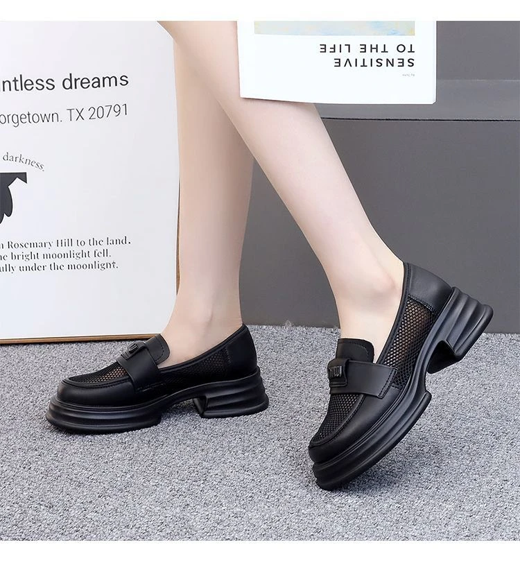英伦风厚底乐福鞋女网纱透气时尚小皮鞋一脚蹬懒人鞋黑色软底