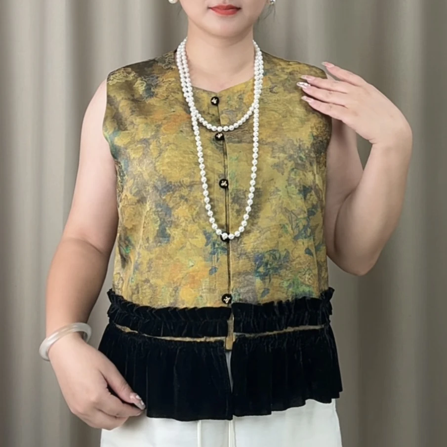 07新中式咖色马甲秋季拼接马夹提花国风马甲无袖休闲