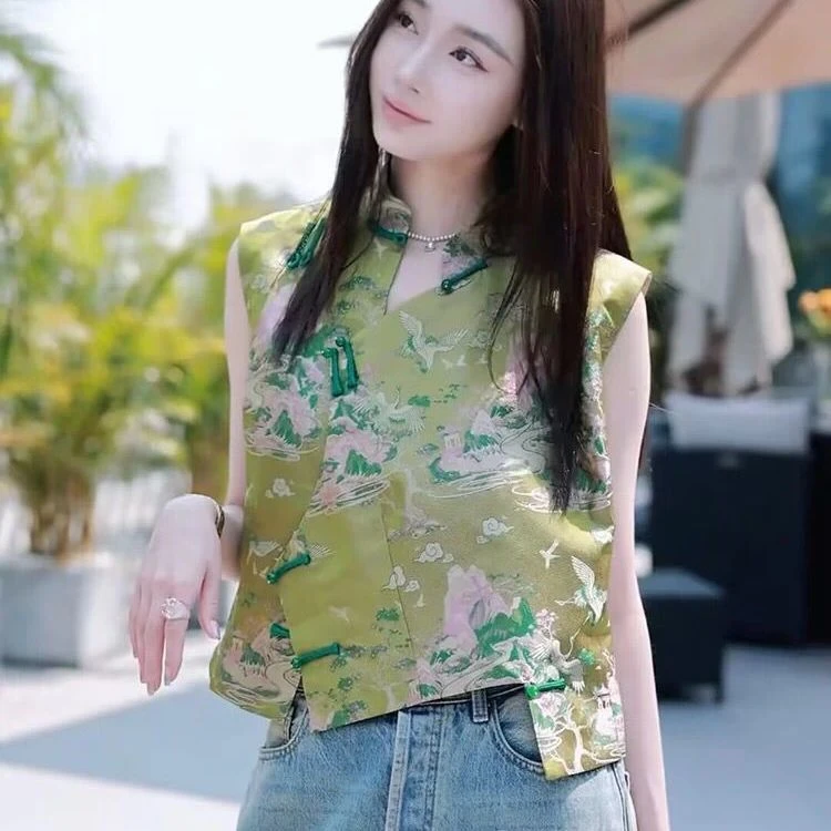 哥家2025夏新款新中式国风提花无袖马甲背心坎肩盘扣马夹