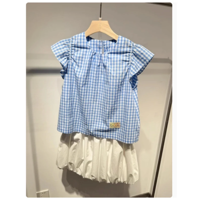 巨爱，别提多好穿了独特超好看上衣蓝色格纹圆领小飞袖甜美衬衫夏