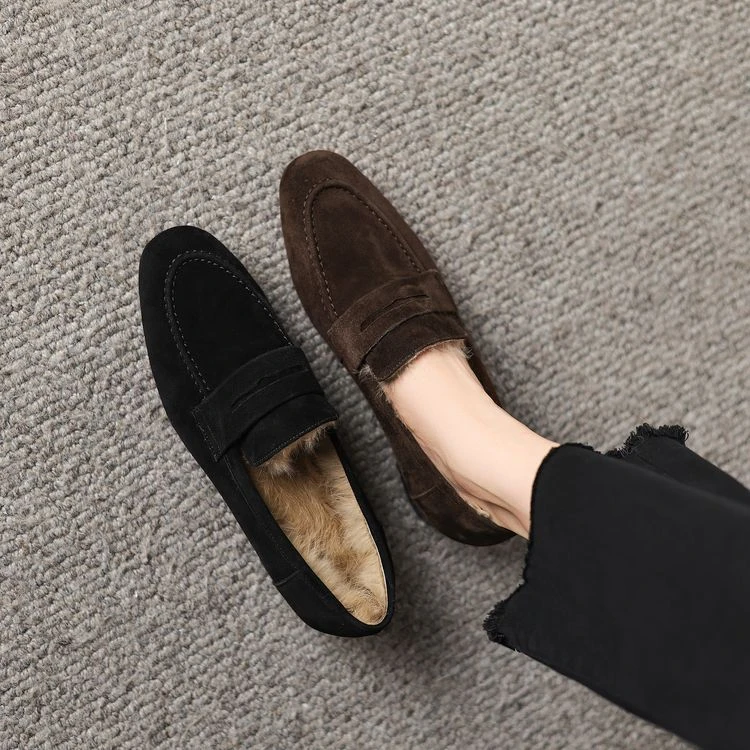 2025秋冬毛毛乐福鞋粗跟加绒英伦风软底单鞋复古懒人豆豆鞋棉瓢鞋