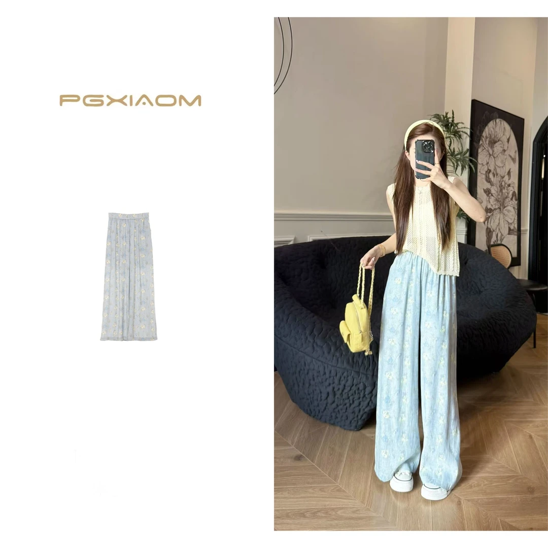 【PGXIAOM】润秀定制灰蓝色复古印花休闲阔腿裤KZ10130