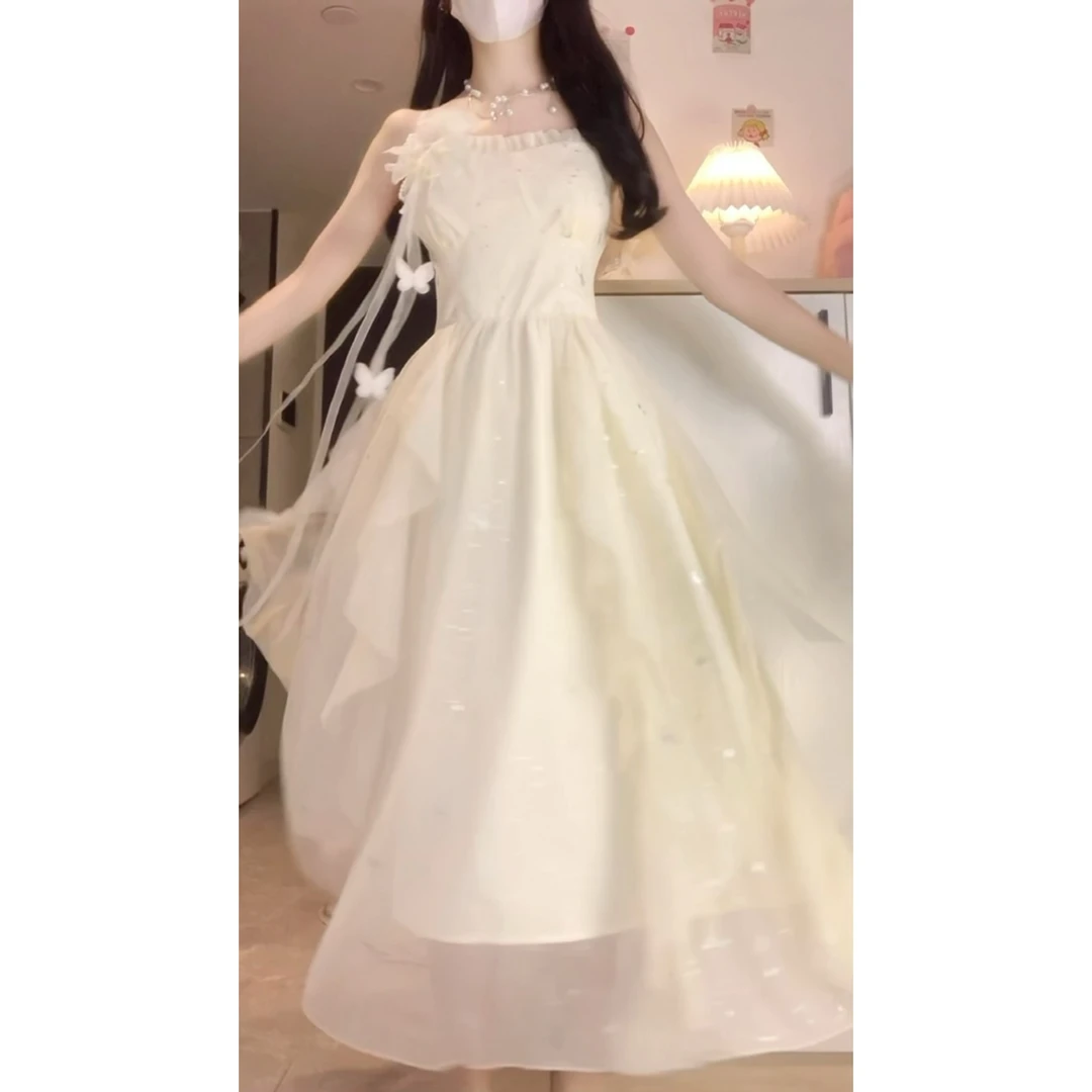 春夏季精工设计款蝴蝶花朵飘带仙气飘飘吊带裙仙女裙温柔气质