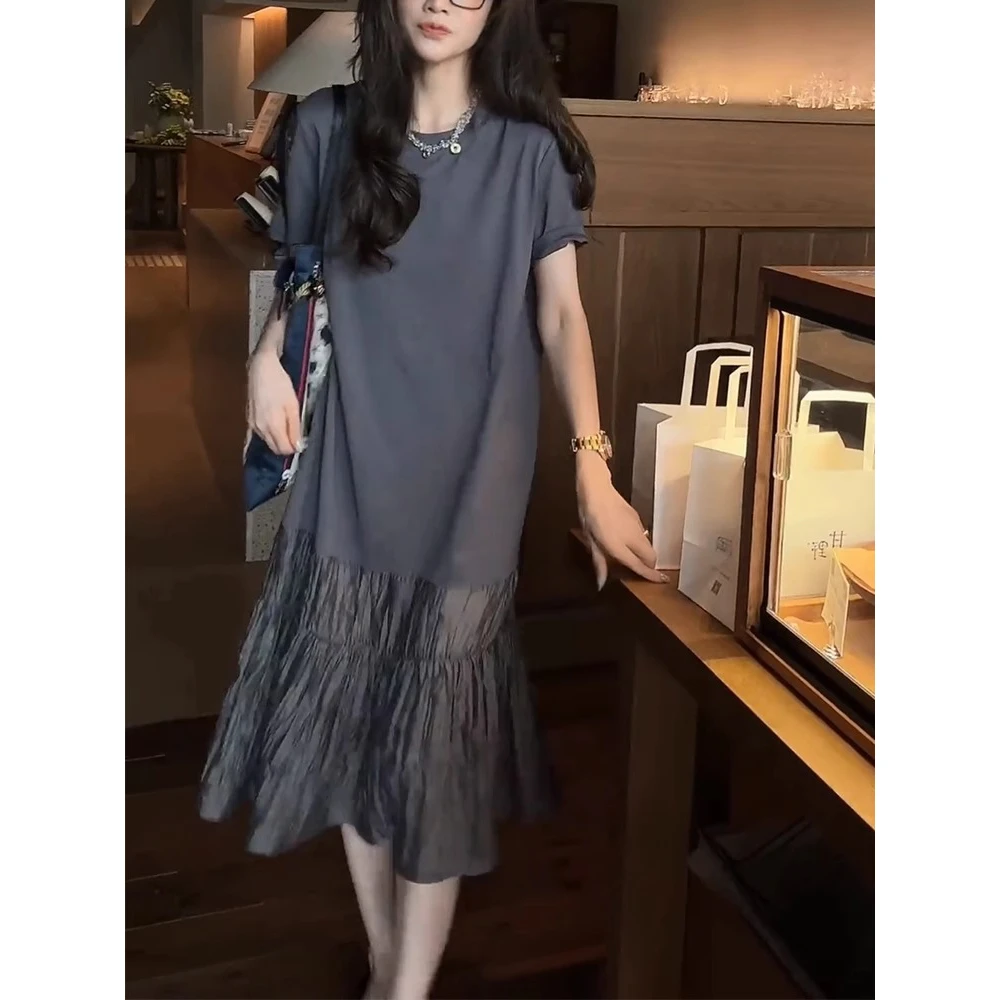 拼接慵懒灰色连衣裙女2025夏季新款简约舒适休闲风宽松显瘦中长裙