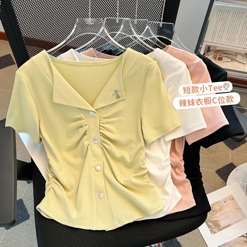 辣妹修身短款针织上衣女2025春夏季不规则设计感显瘦休闲短袖T恤