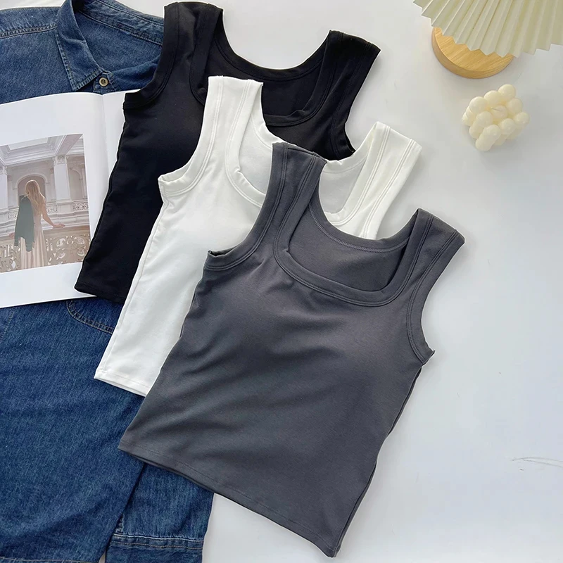 纯色方领吊带背心女带胸垫一体夏季外穿修身遮副乳打底无袖上衣潮