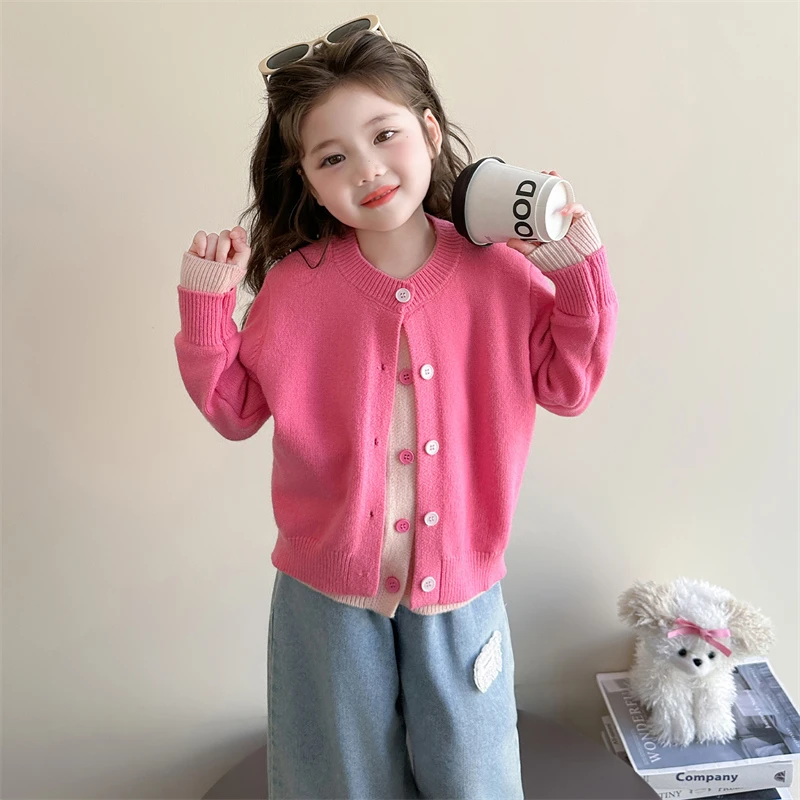 小女孩秋季时尚拼接假两件毛衣开衫2025新款儿童洋气女宝宝针织衫