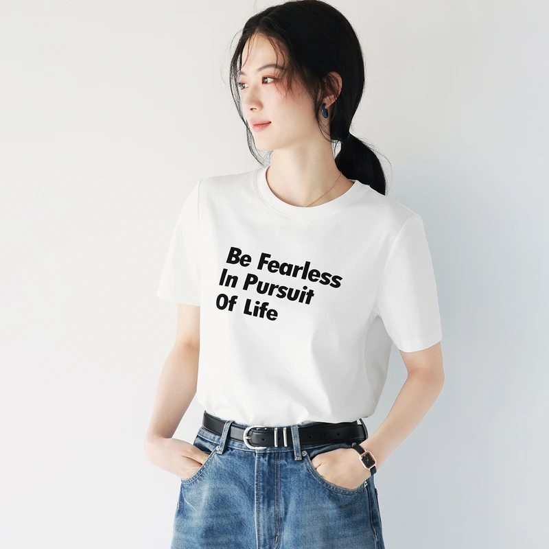 【抑菌凉感】伊芙丽索罗纳植绒字母印花白色T恤上衣春季1G2901021