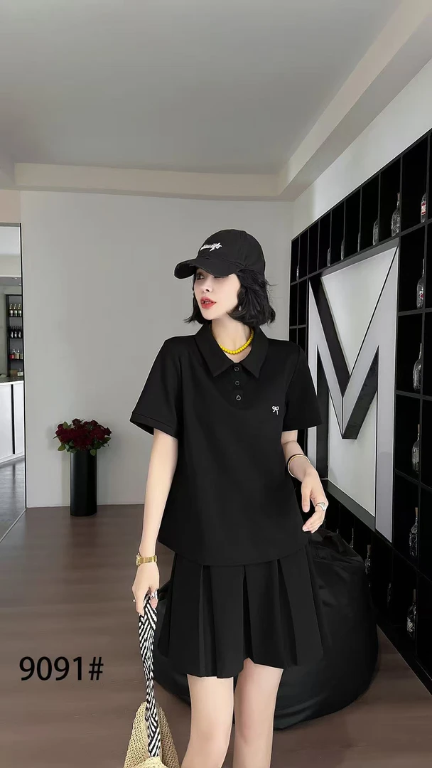 夏季大码时尚减龄POLO领上衣搭配假两件裤裙套装