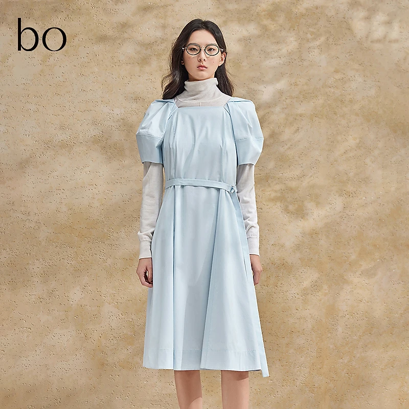 【达人专属】播24夏优雅梯形领白色连衣裙泡泡袖修身BDR2LD2905