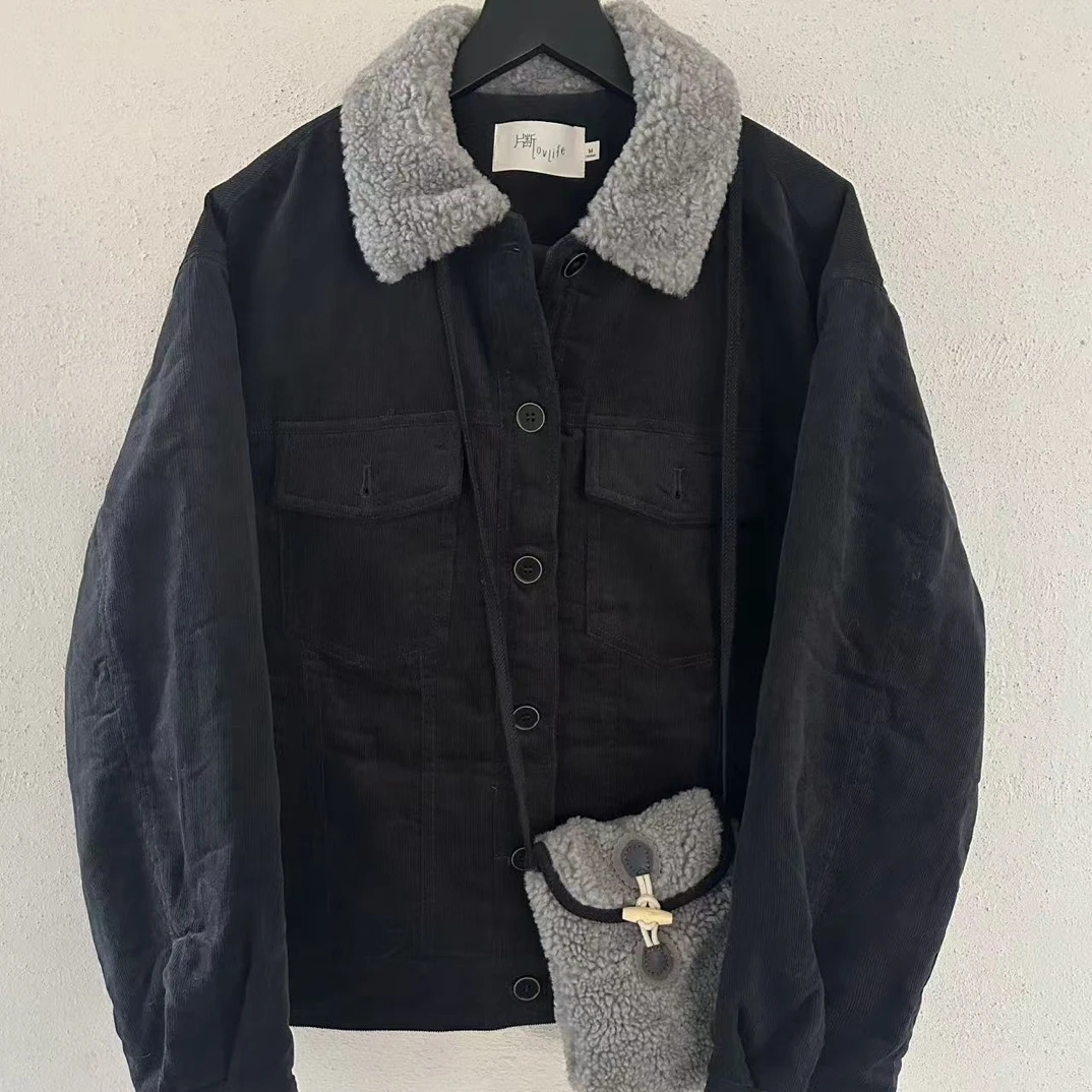 片 冬季韩版ins仿羔毛拼接长袖条绒保暖加厚短棉服外套女送包包