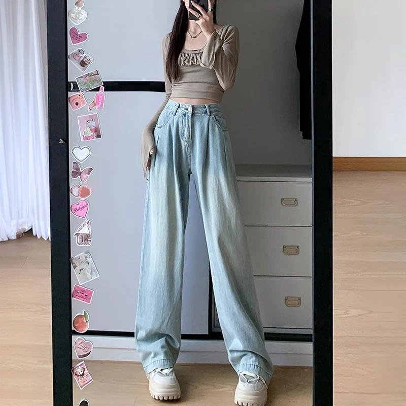 大码女装复古褶皱牛仔裤女胖mm天丝薄款高腰显瘦直筒阔腿长裤子潮