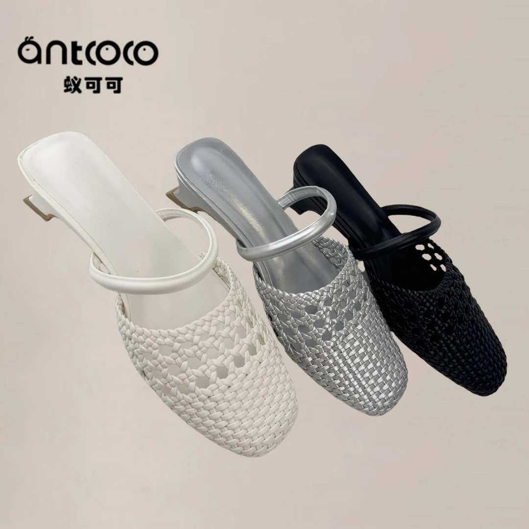 镂空法式编织~女士粗跟女鞋羊皮内里夏季平底外穿一字带单鞋女