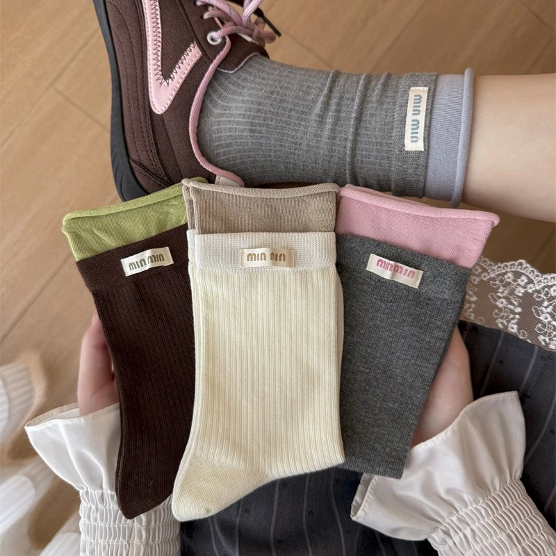 袜子女款秋季韩系少女风布标字母中筒棉袜秋天透气拼色卷边堆堆袜