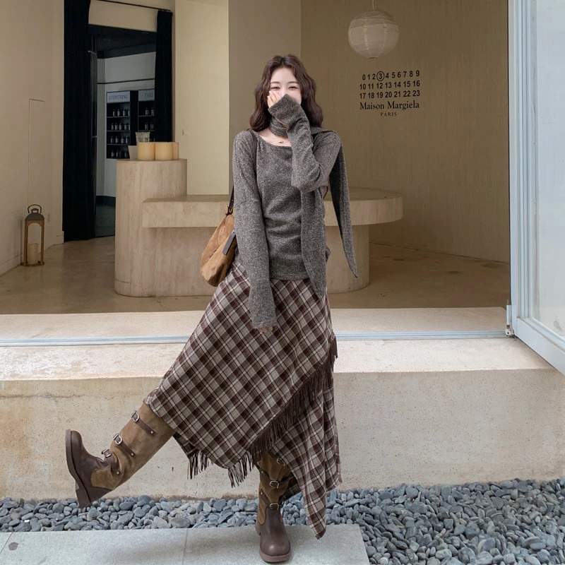 复古纯欲系飘带上衣不规则格子半裙2025秋冬新款氛围感美拉德套装