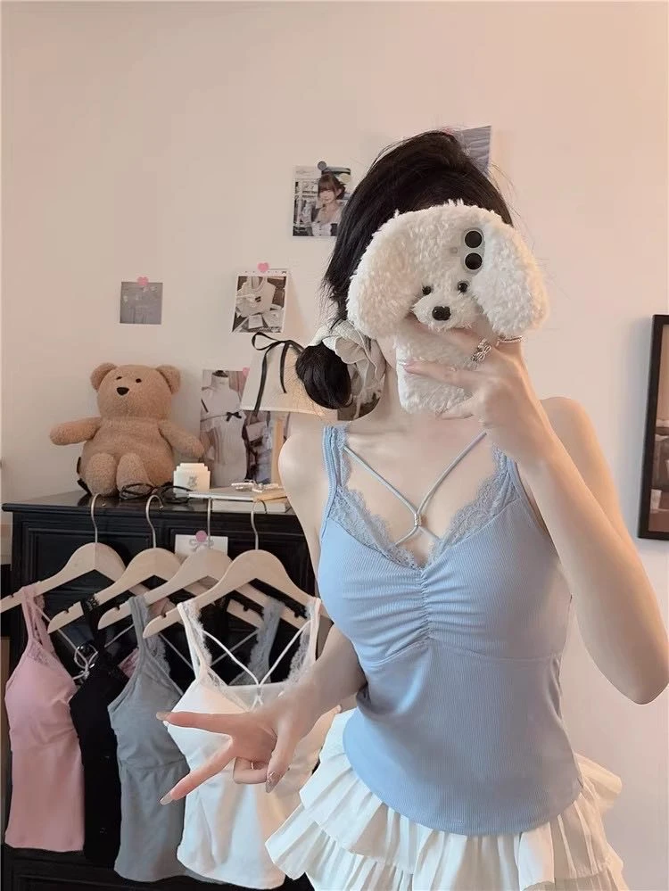 纯欲风性感辣妹蕾丝边吊带背心女带胸垫内搭修身显瘦百搭美背上衣