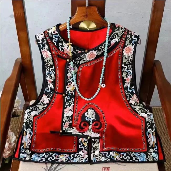 晚卿~140】后背没有刺绣中国风重工刺绣斜襟马甲女春款圆领