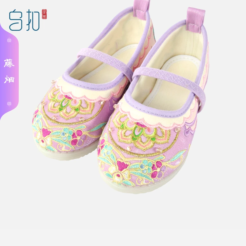 乌扣藤烟 儿童春秋汉服鞋子女童古风绣花钉珠国风透气软底绣花鞋