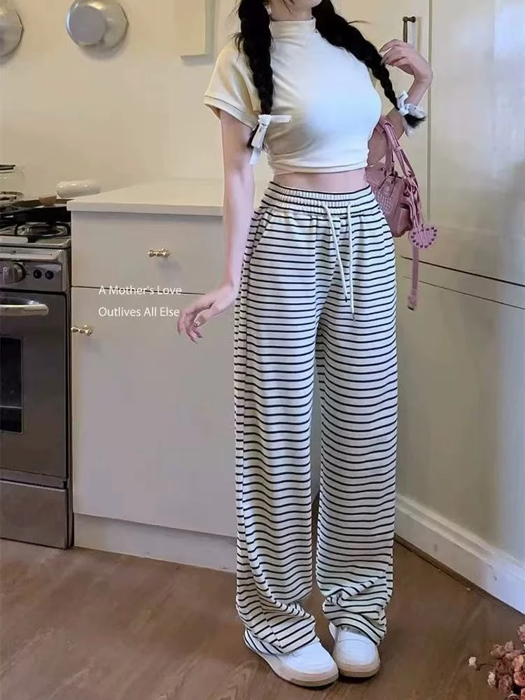 【金咕咕】胖MM2025春款女黑白条纹抽绳休闲裤拖地百搭直筒长裤