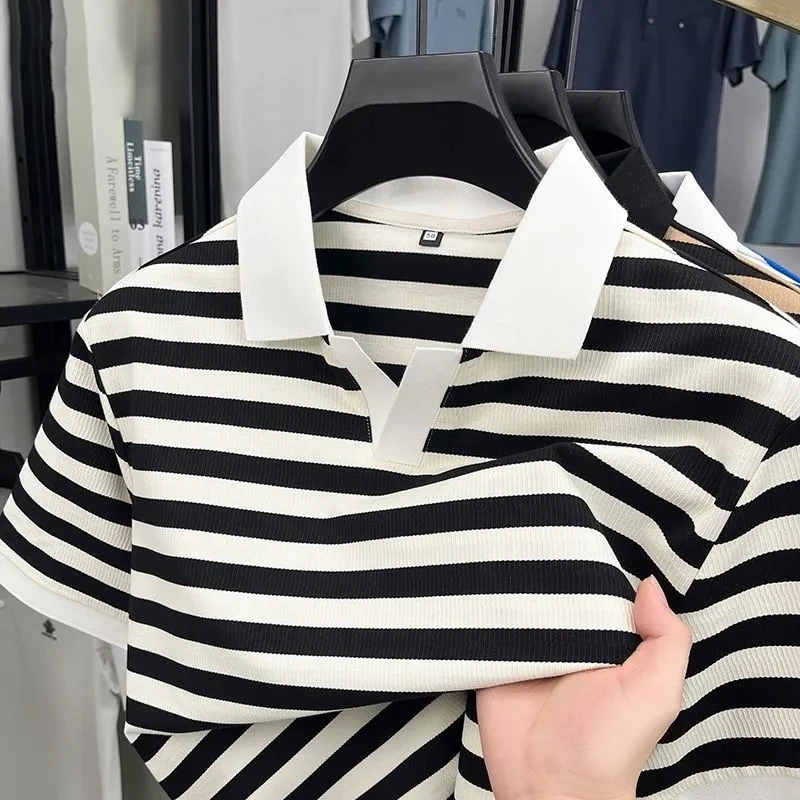 2025年夏季薄款男装条纹短袖t恤时尚海鸥领上衣半袖舒适Polo衫