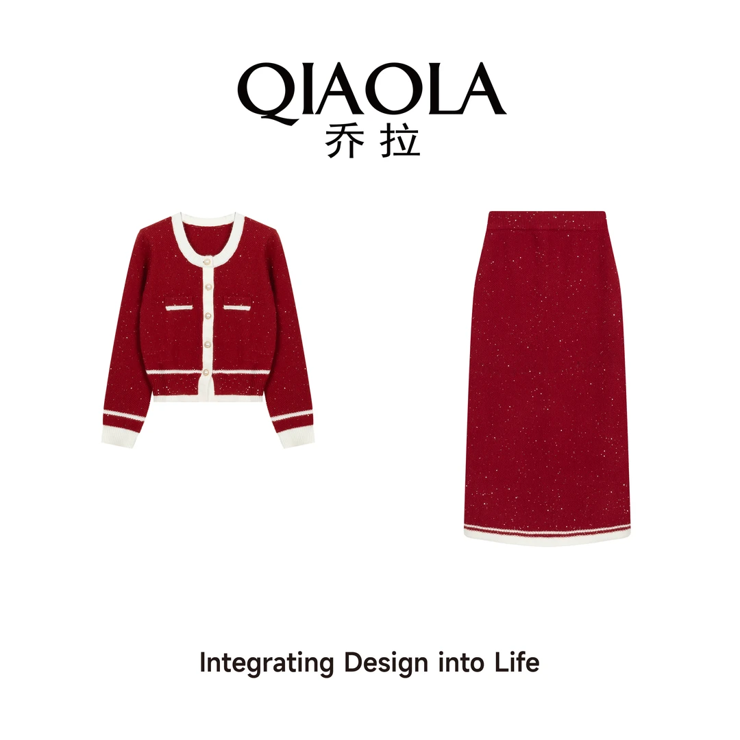 QIAOLA/乔拉【绮梦交响】秋冬季闪片毛织撞色休闲百搭时尚套装预售