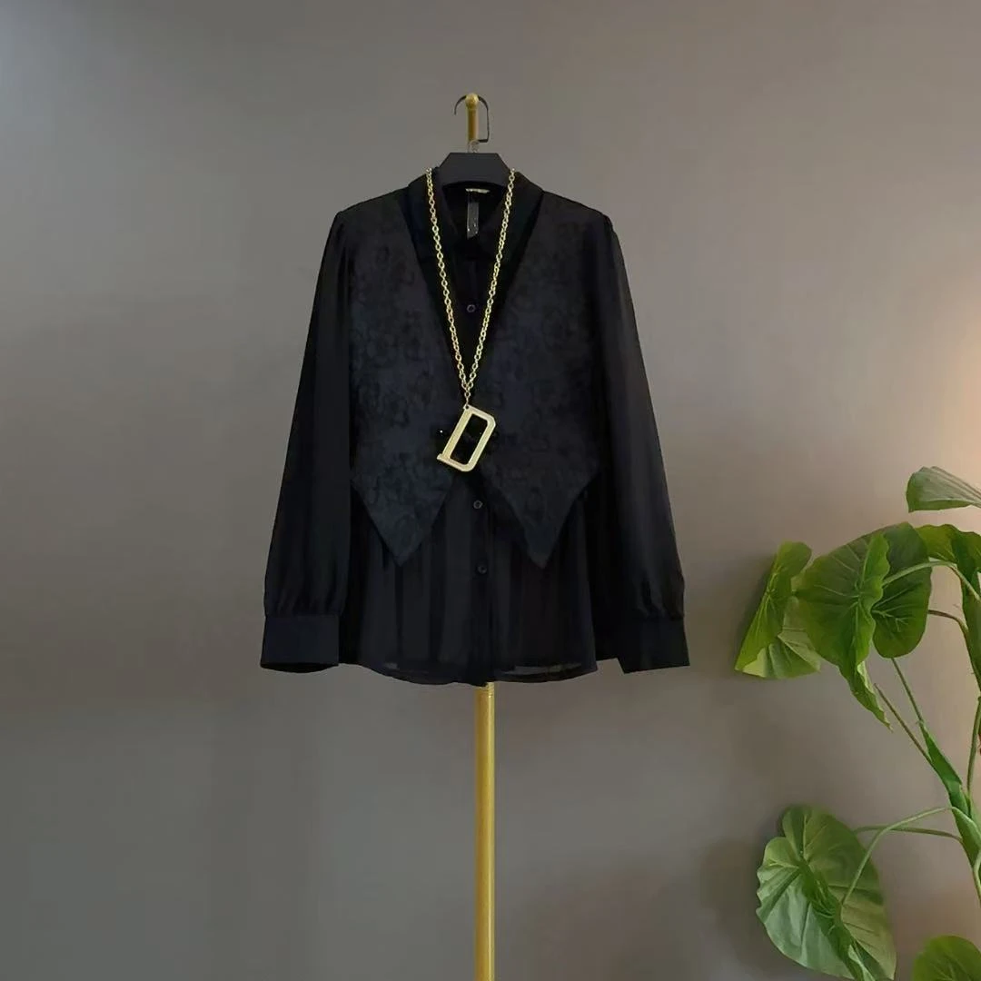 新款设计高级感国风提花拼接雪纺宽松遮肚假俩件大码衫