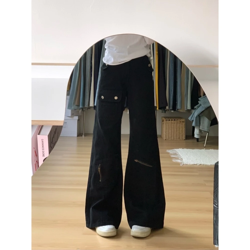 美式微喇叭工装裤女2025年新款高腰显瘦多口袋不贴腿阔腿拖地裤子