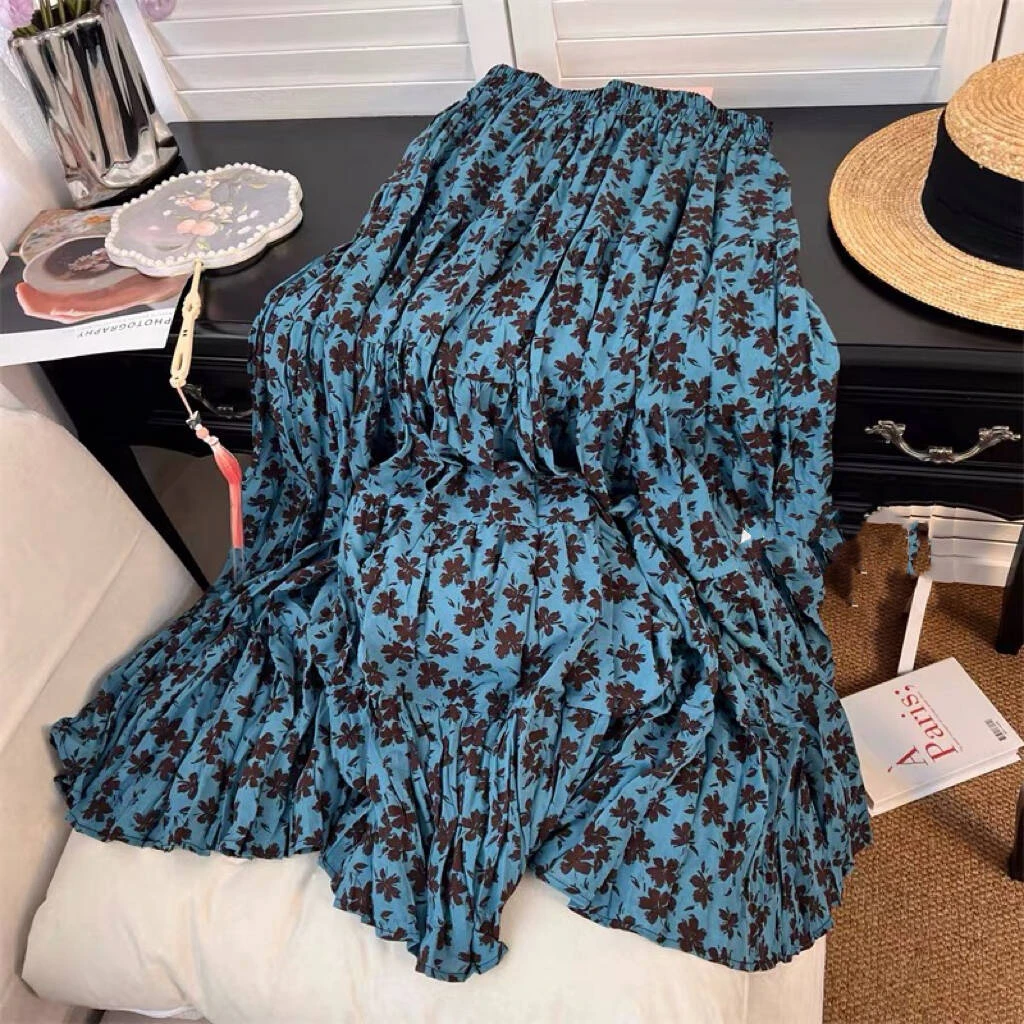 复古休闲压褶碎花半身裙女法式早春新款松紧腰显瘦大摆a字长裙女