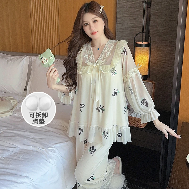 春季新款睡衣女生双层网纱蕾丝花边长袖长裤带胸垫甜美家居服套装