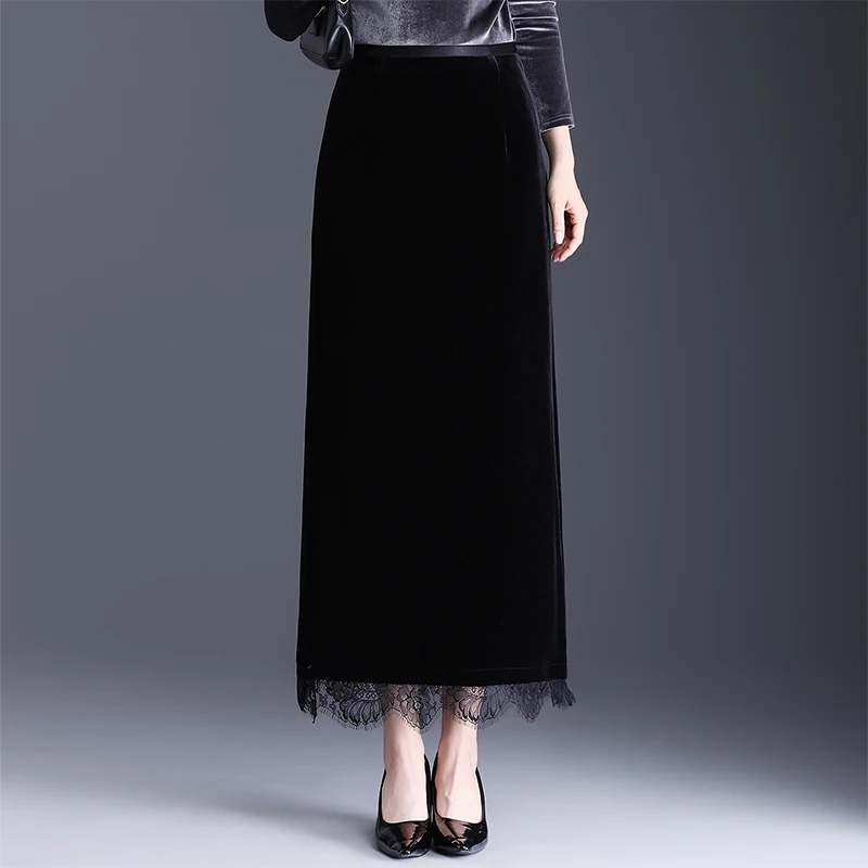 加长到脚踝丝绒半身裙女秋冬新款气质显瘦开叉蕾丝花边直筒包臀裙