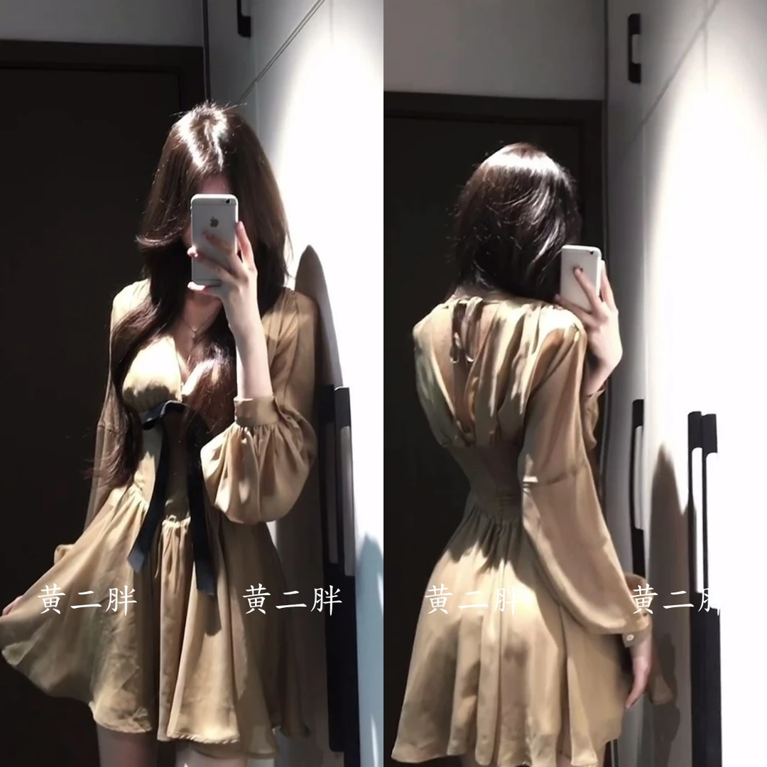 棕色V领蝴蝶结雪纺连衣裙女夏季法式气质收腰A字短裙性感纯欲裙子