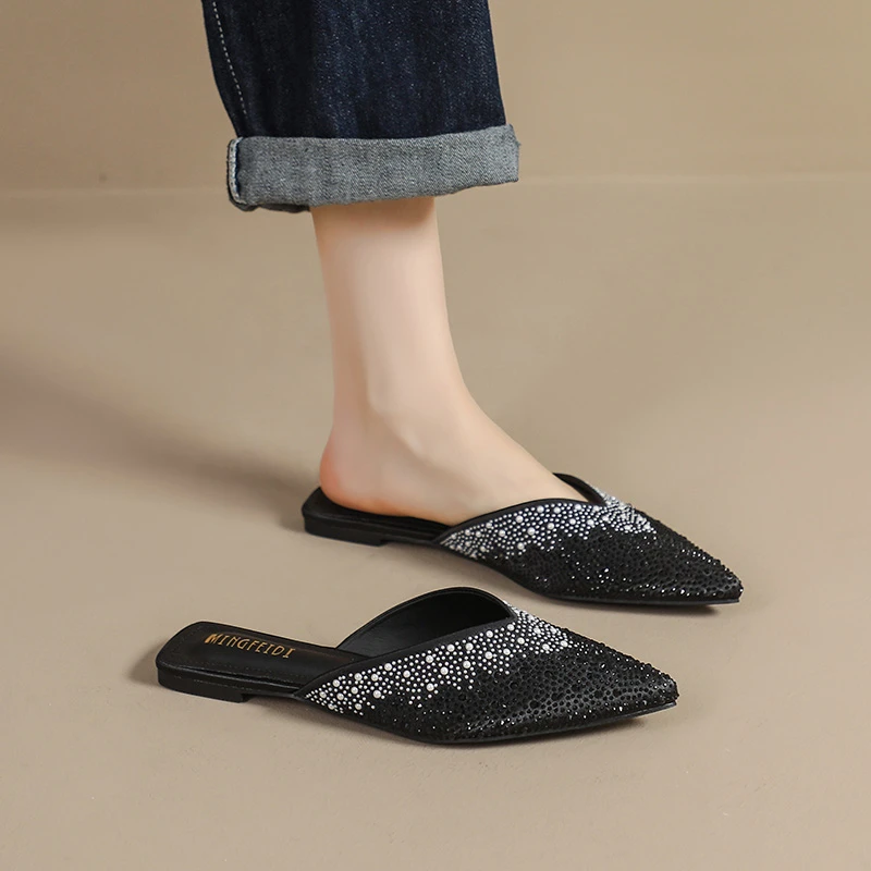 网红水钻拖鞋女夏外穿时尚尖头女鞋2025新款凉拖女平底包头半拖鞋