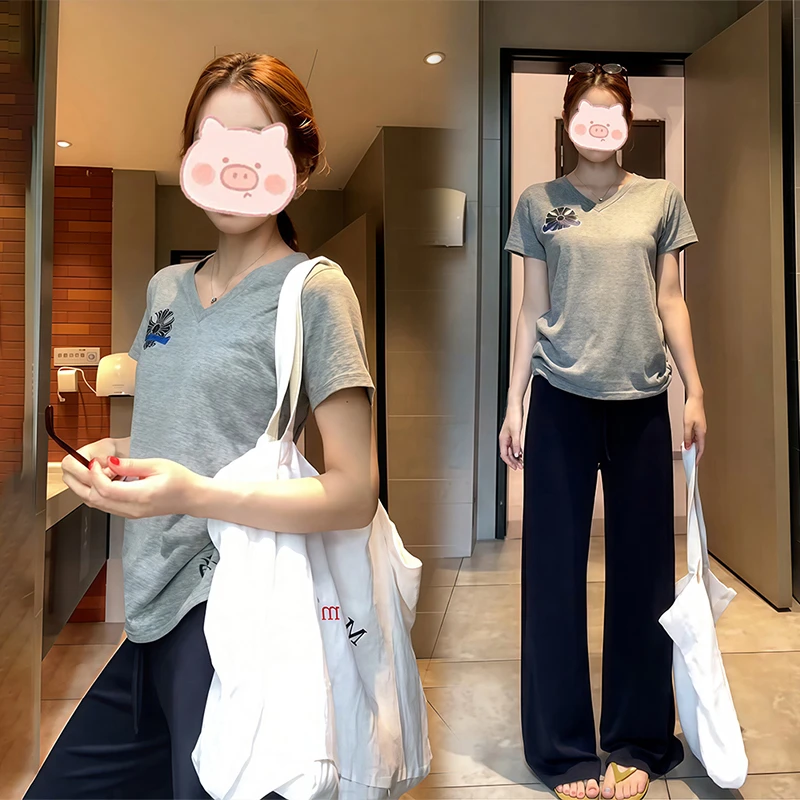 时尚套装女夏季新款韩版慵懒风减龄气质短袖T恤阔腿休闲裤两件套