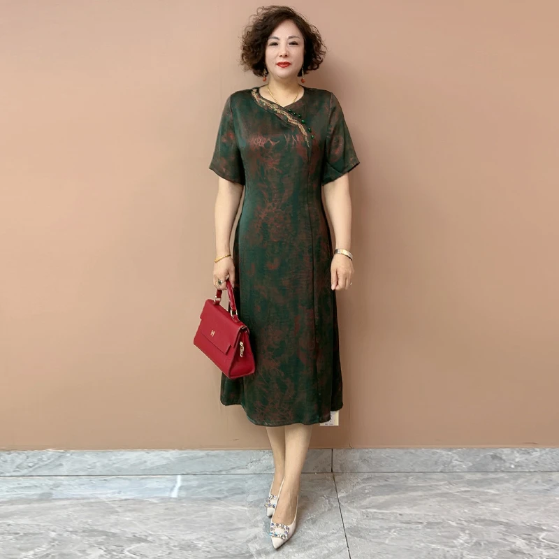 H夏季新款妈妈装真丝连衣裙洋气国风时尚百搭中式显瘦长裙