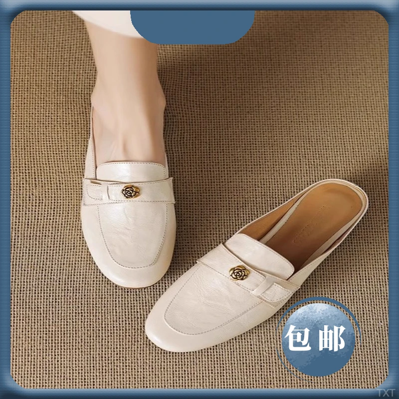 软羊皮复古英伦风低跟单鞋2025新款一脚蹬懒人米白色显瘦乐福鞋女
