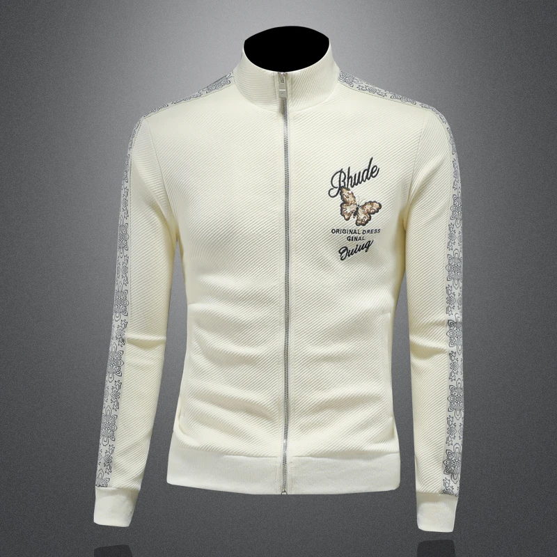 喀费基赫男士春季刺绣夹克拉链潮流修身时尚立领休闲大码外套男