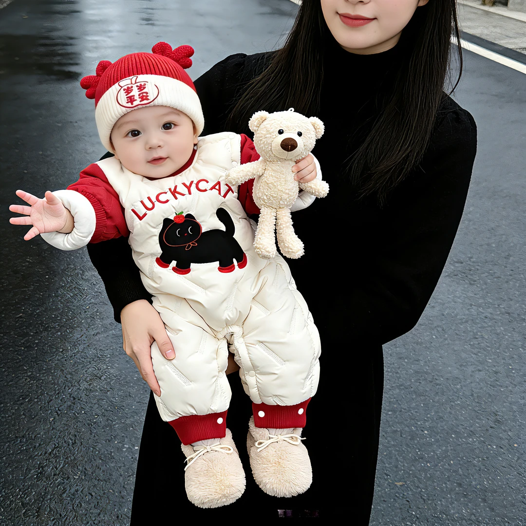 婴儿哈衣A类冬季新生儿斜襟加绒加厚幼儿爬服男女宝宝通用外出服