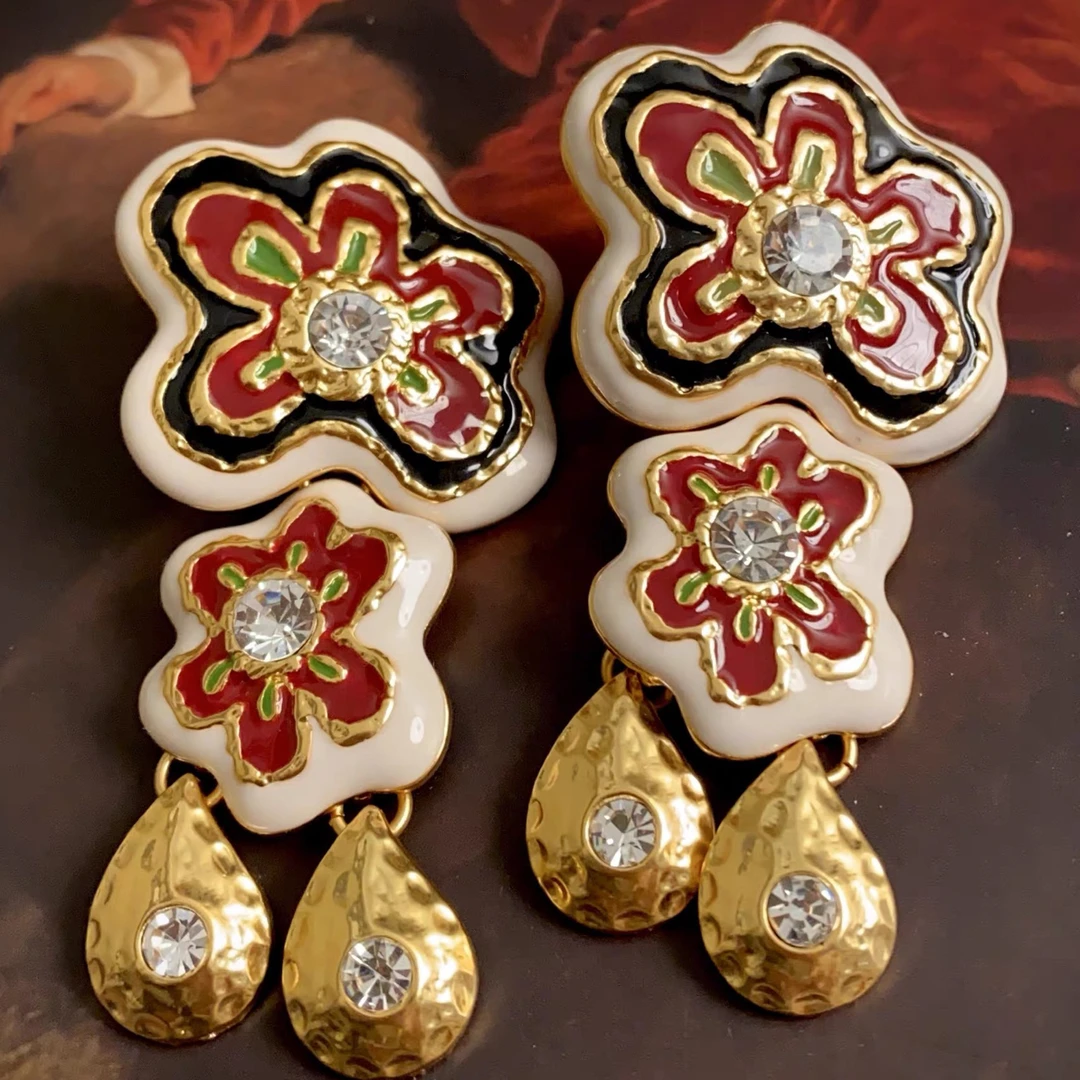 铜合金珐琅耳饰 「迪拜宫殿」重工!中古vintage酒红色夸张流苏耳夹