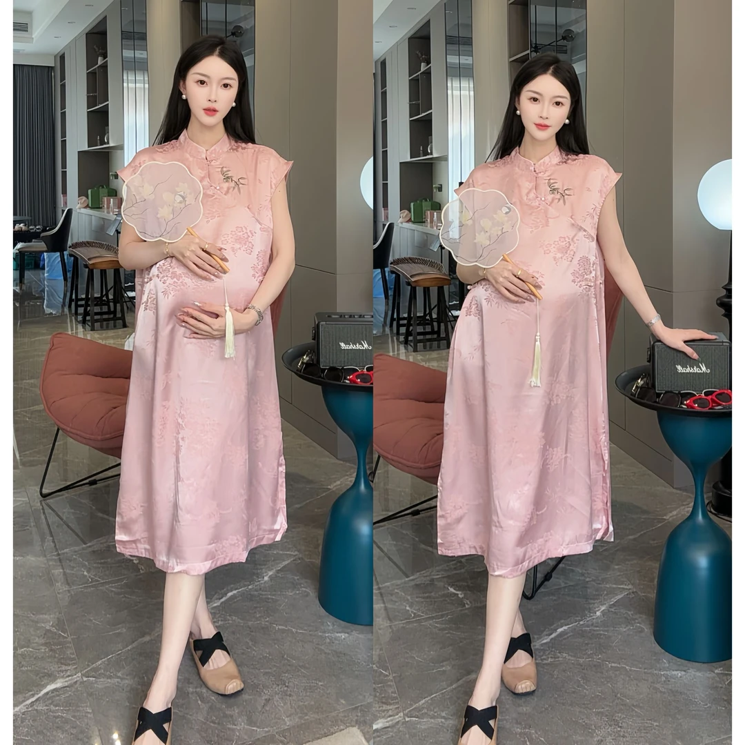 2025时尚孕妇夏装国风新中式连衣裙潮改良宽松显瘦高级感开叉旗袍