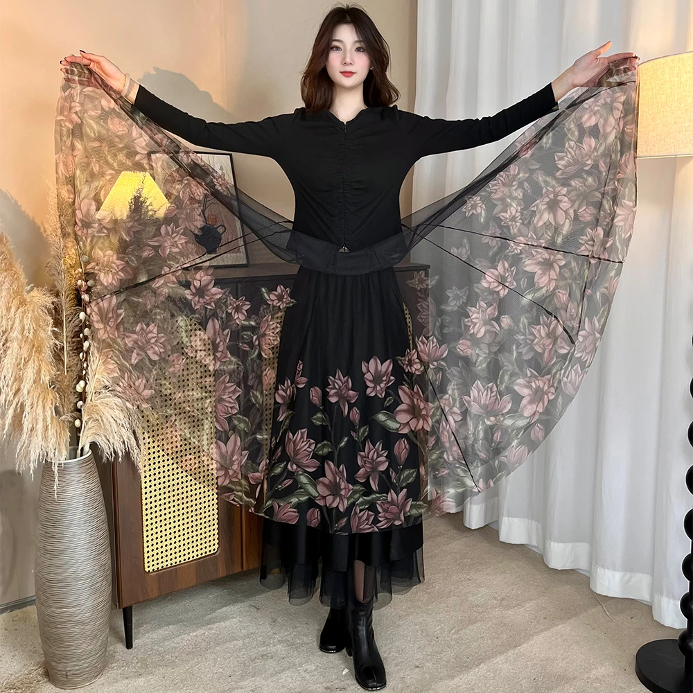 [两面可穿]粉莲烫钻大摆裙半身裙春秋双面穿印花网纱星空碎花长裙