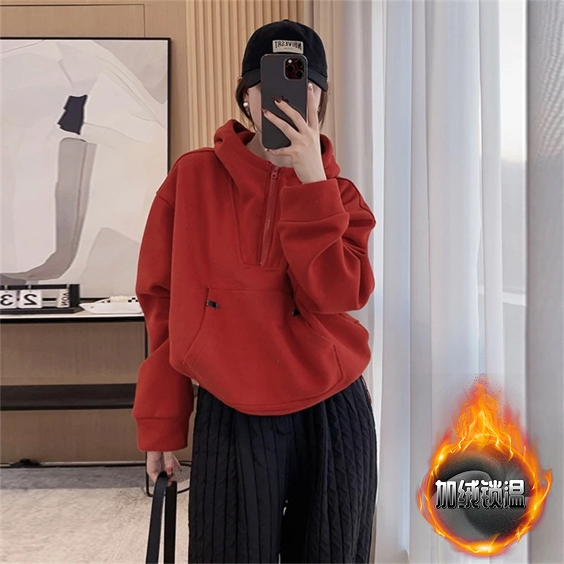 纯色百搭设计感卫衣女士2025冬季新款宽松显瘦连帽百搭套头上衣女