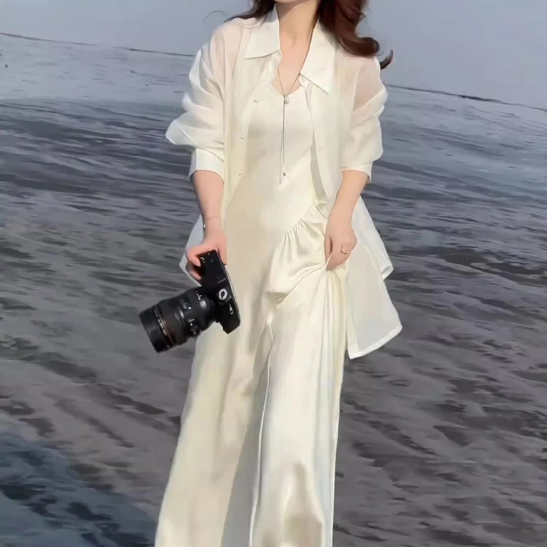 早春冰丝连衣裙女薄款开衫一整套夏装新款防晒衫气质吊带裙两件套
