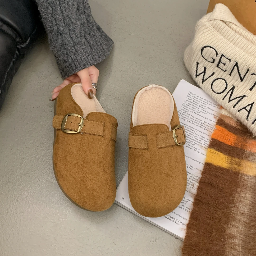 辰小六同款【3cm羊羔绒勃肯】秋冬季复古扣带一脚蹬懒人半拖棉鞋