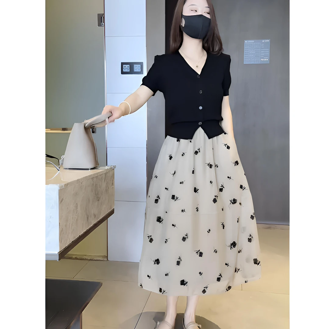 【厂家直售】春夏爆款超仙通勤小清新休闲百搭显瘦花朵印花网纱裙女